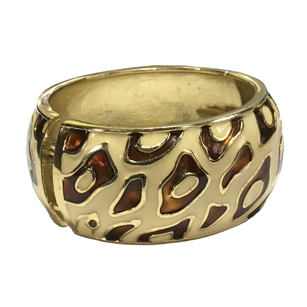 Wide Chunky Cheetah Leopard Enamel Gold Tone Metal Clamper Bracelet Brown Ivory - Picture 4 of 5